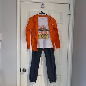 Kids Orange Jacket and Graphic Tee with Grey Cargo Pants Set Brand New